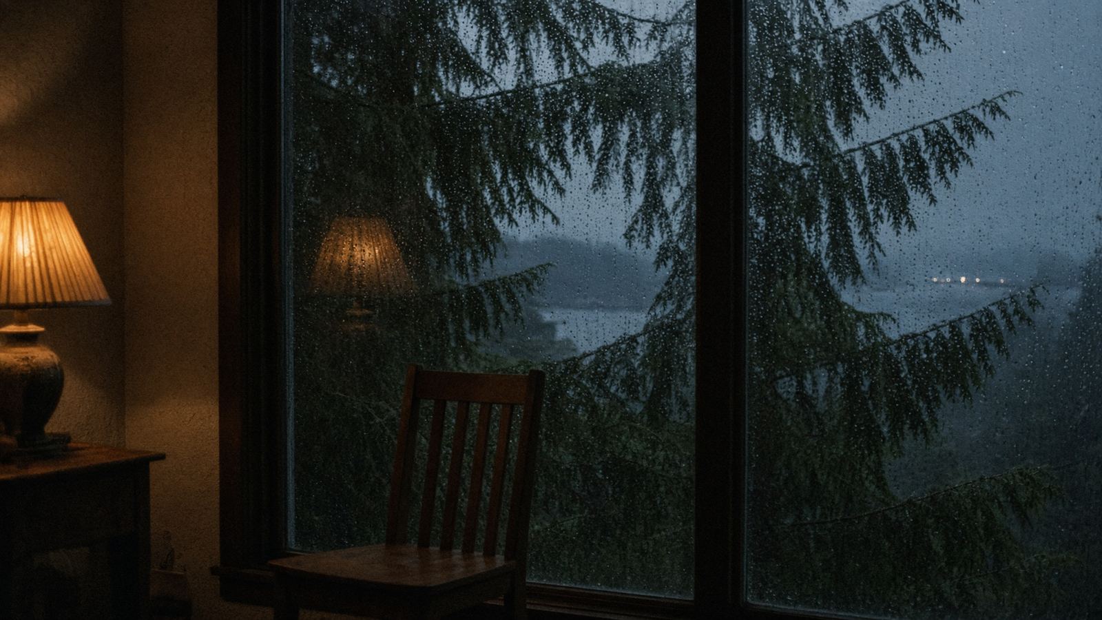 Rain on a night window, one lamp, an empty chair